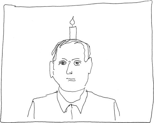 Mann mit Kerze am Kopf